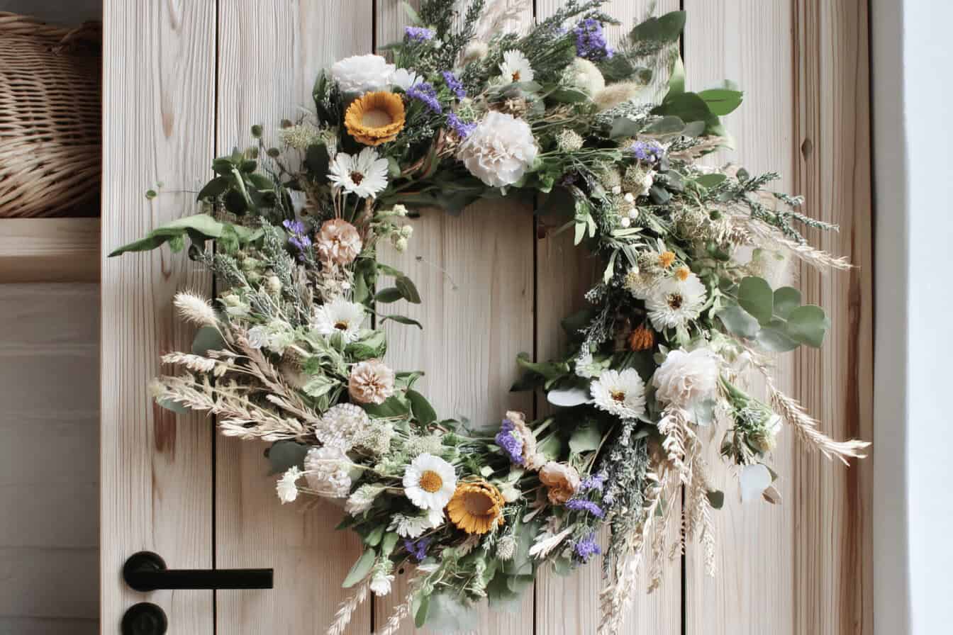 Dekorativer Blumenkranz an Holztür hängend.