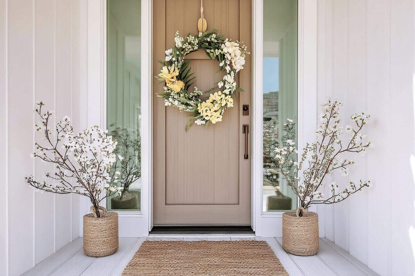 Blumengesteck an einer modernen Haustür.