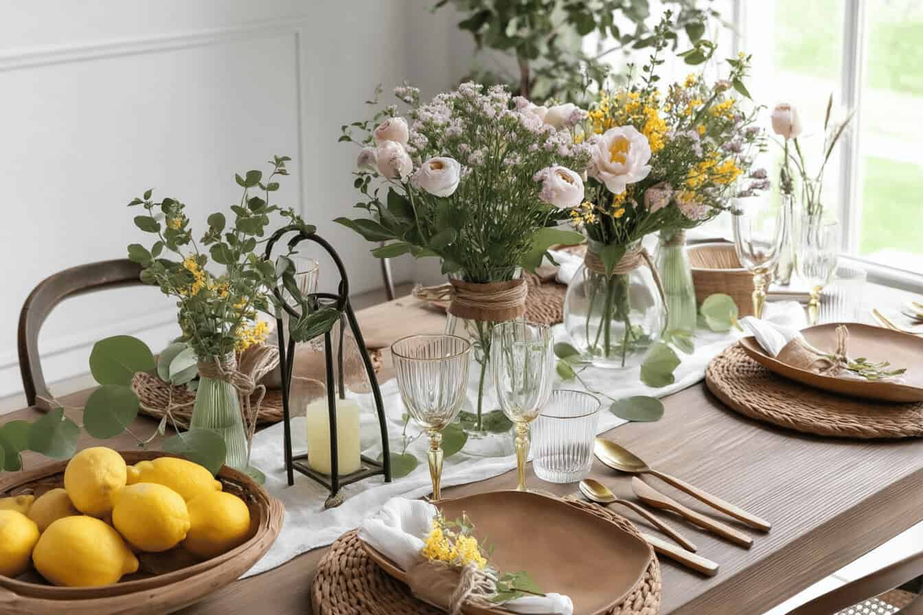 Elegant gedeckter Tisch mit Blumen und Zitronen