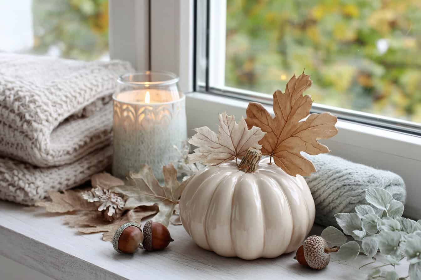 Herbstliche Deko mit Kürbis und Kerze am Fensterbrett