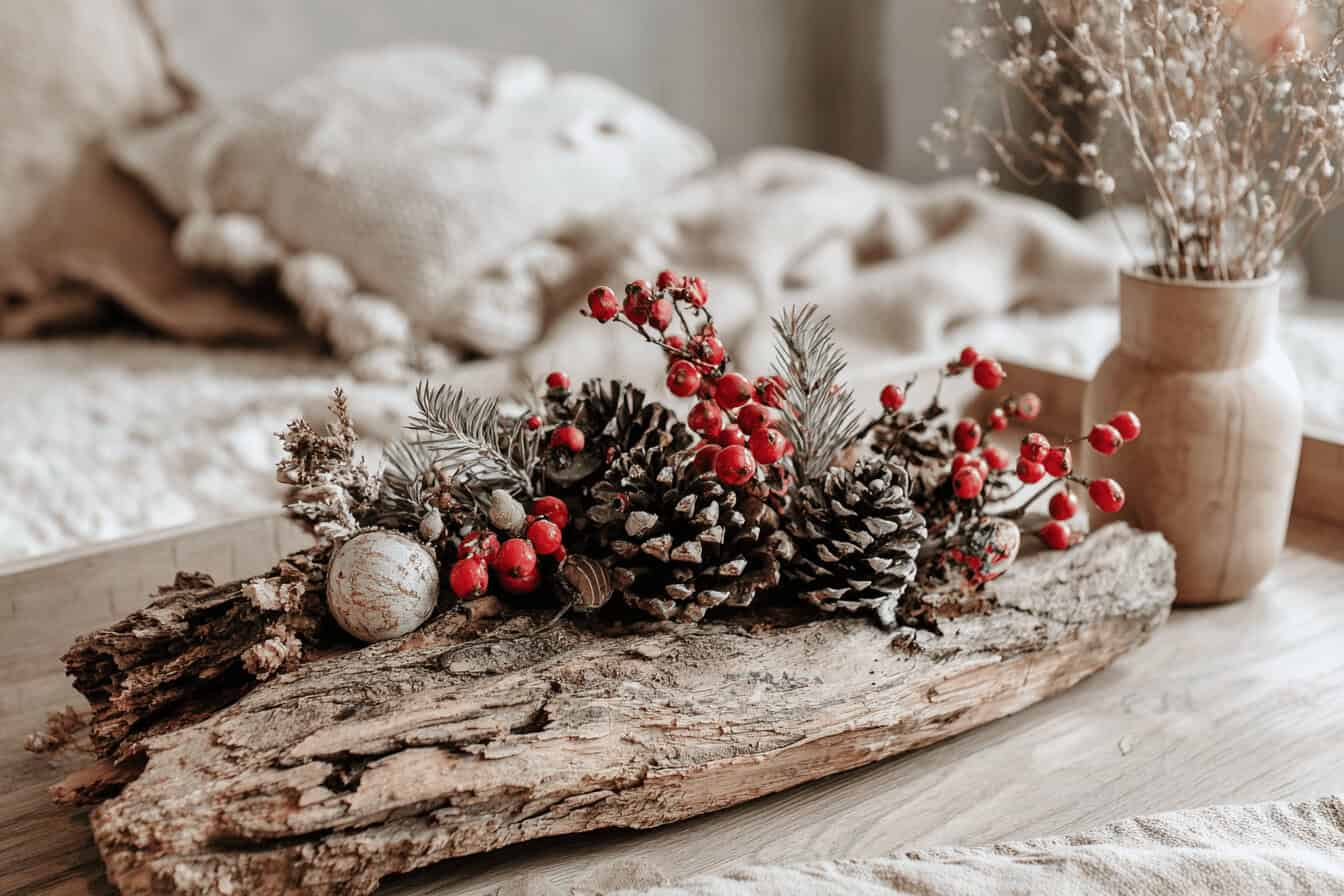 Weihnachtliche Dekoration mit Tannenzapfen und Beeren