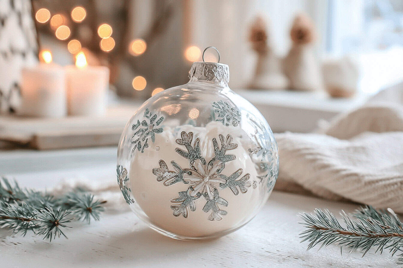 Glaskugel mit Schneeflockenmotiv vor Kerzen und Winterdeko