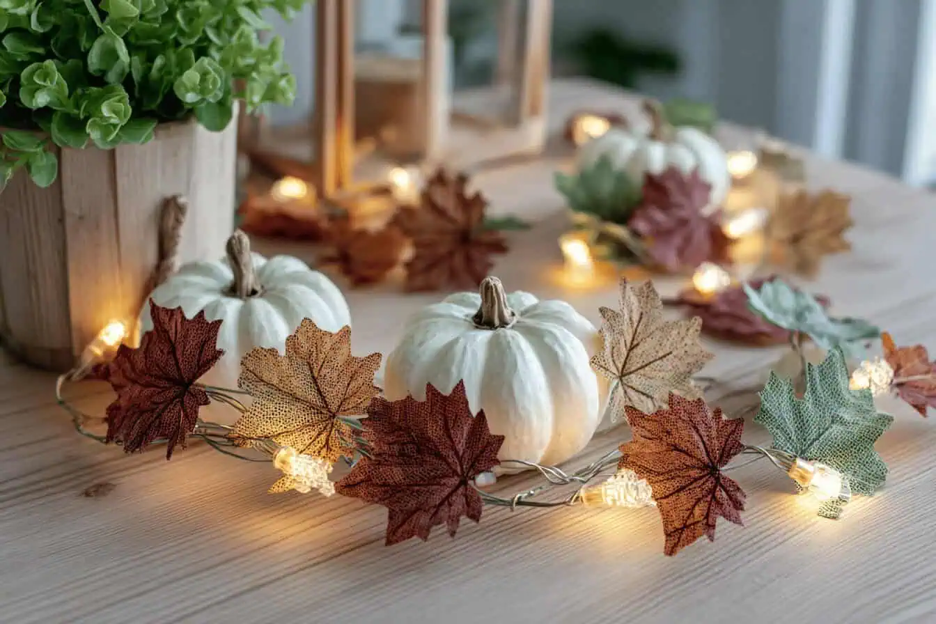 Herbstdeko mit Kürbissen und Lichterketten auf Tisch