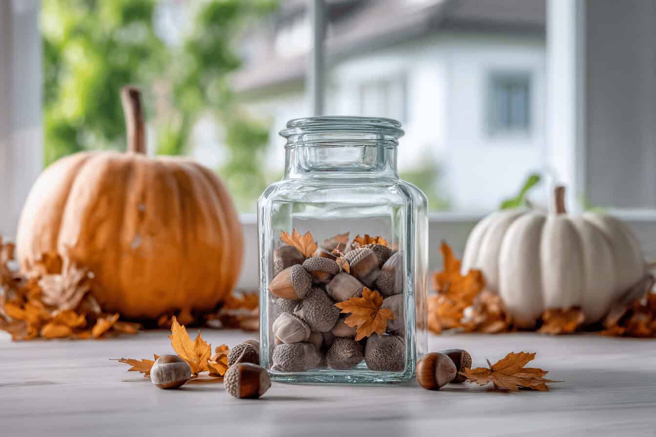Herbstdekoration mit Kürbissen und Eicheln in Glas.
