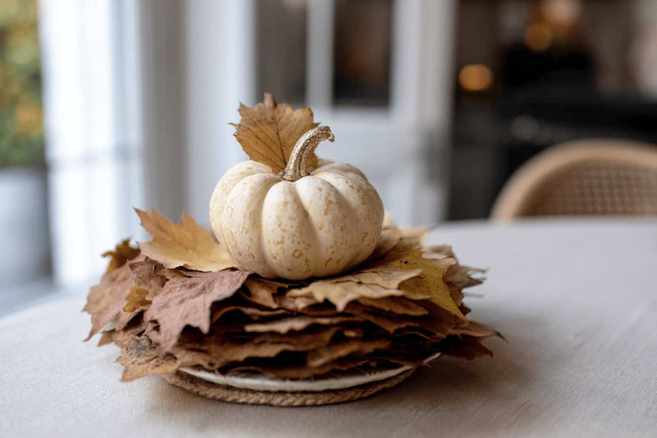 Kürbis auf Herbstblättern, dekorativer Tischschmuck.