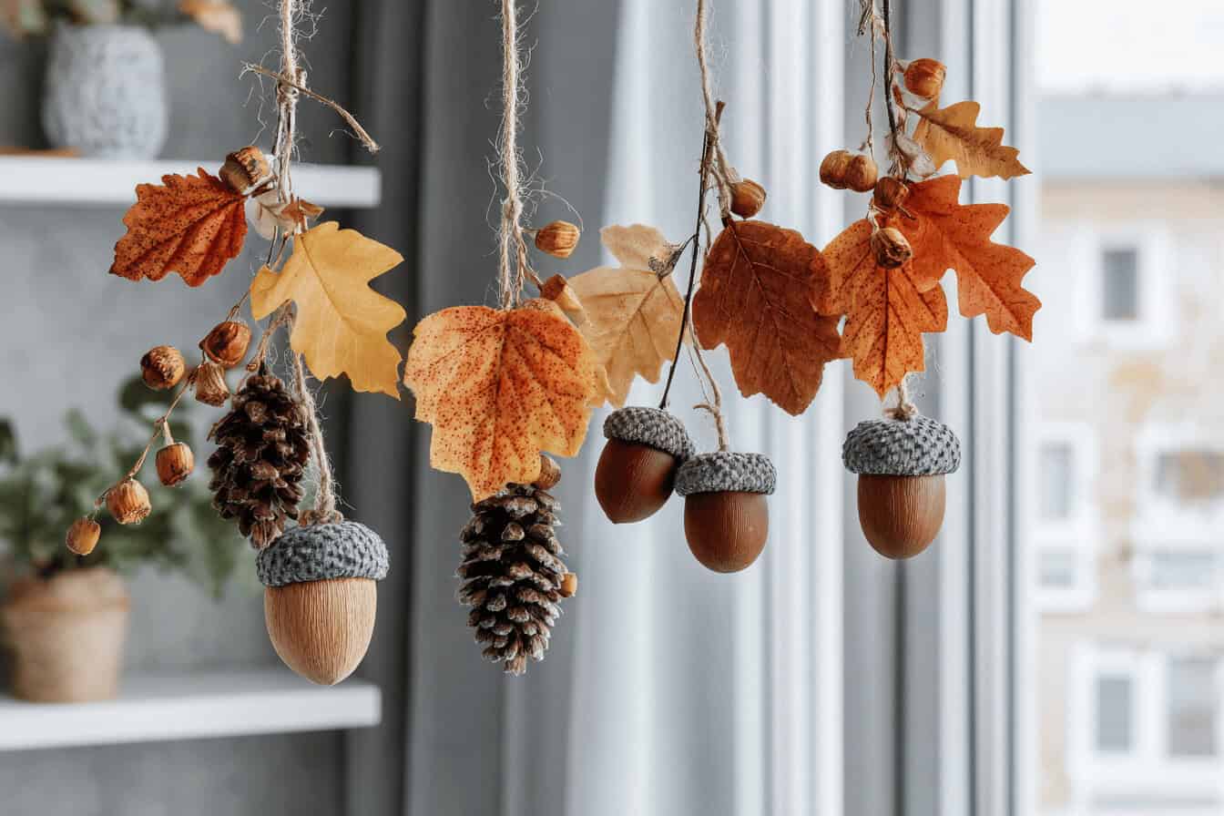 Herbstdekoration mit Blättern und Zapfen am Fenster