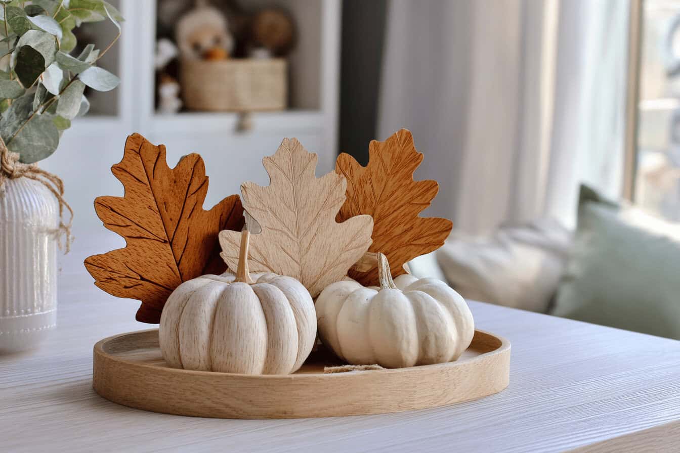 Herbstdekoration mit Kürbissen und Laub auf Tablett