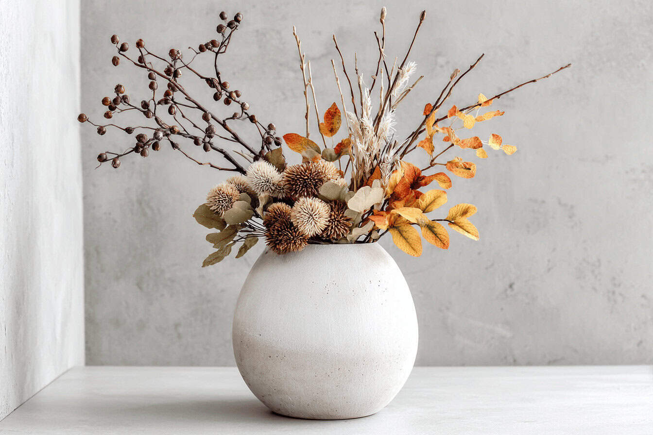 Krustige Herbstblumen in weißer Vase