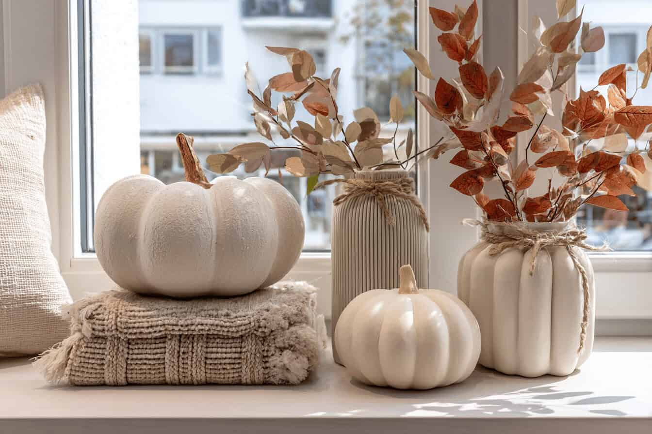 Herbstdekoration mit Kürbissen und Trockenblumen am Fenster