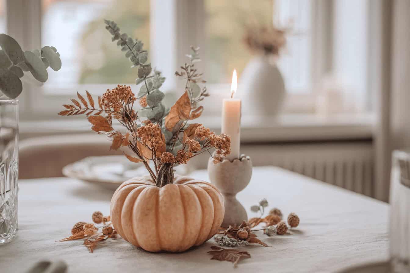Herbstliche Tischdekoration mit Kürbis und Kerze