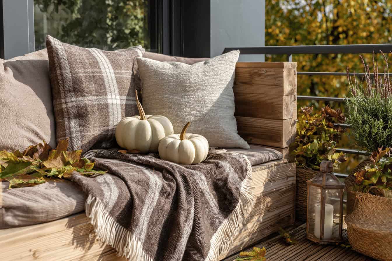 Herbstlicher Balkon mit Kürbissen und Decken