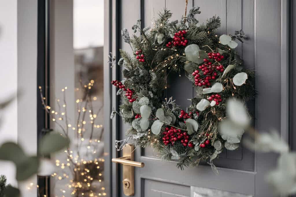 Weihnachtlich geschmückter Türkranz aus Tannenzweigen, roten Beeren und Lichterkette