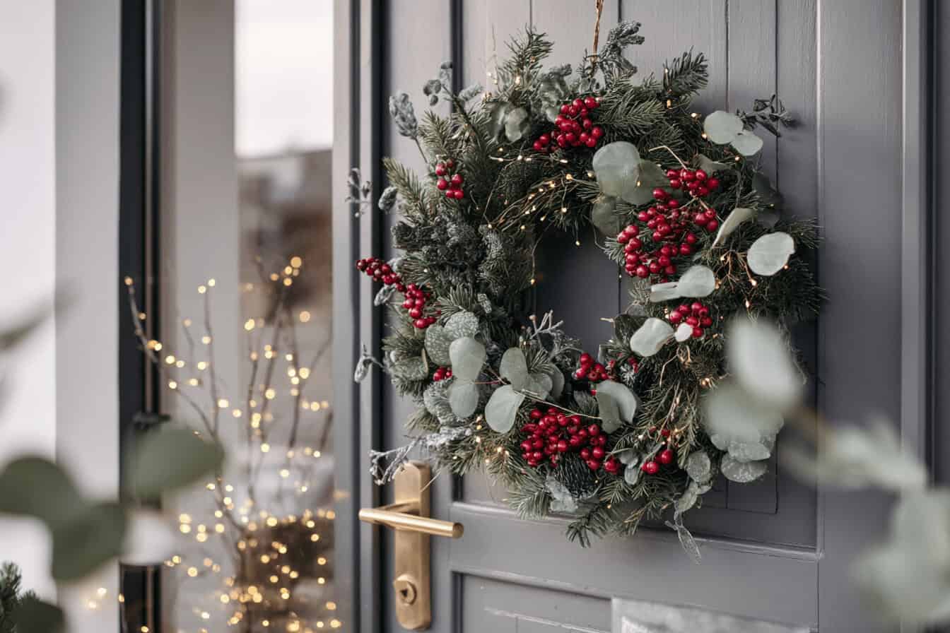 Weihnachtlich geschmückter Türkranz aus Tannenzweigen, roten Beeren und Lichterkette