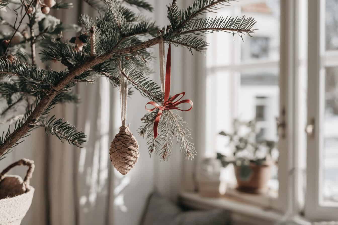 Tannenzweig mit Zapfen und Schleife als Weihnachtsdeko