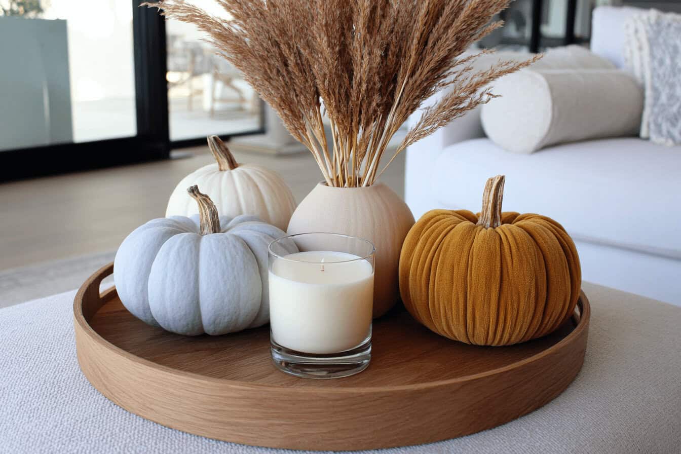 Dekotablett mit Kürbissen, Trockenblumen und Kerze auf einem Sofa-Tisch
