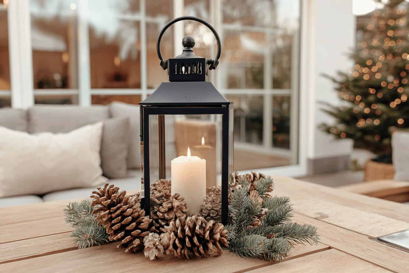 Laterne mit brennender Kerze und Tannenzapfen auf Holztisch