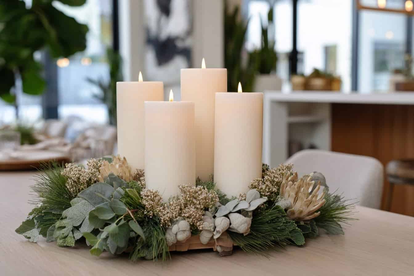 Moderner Adventskranz mit weißen Kerzen und Trockenblumen auf einem Tisch